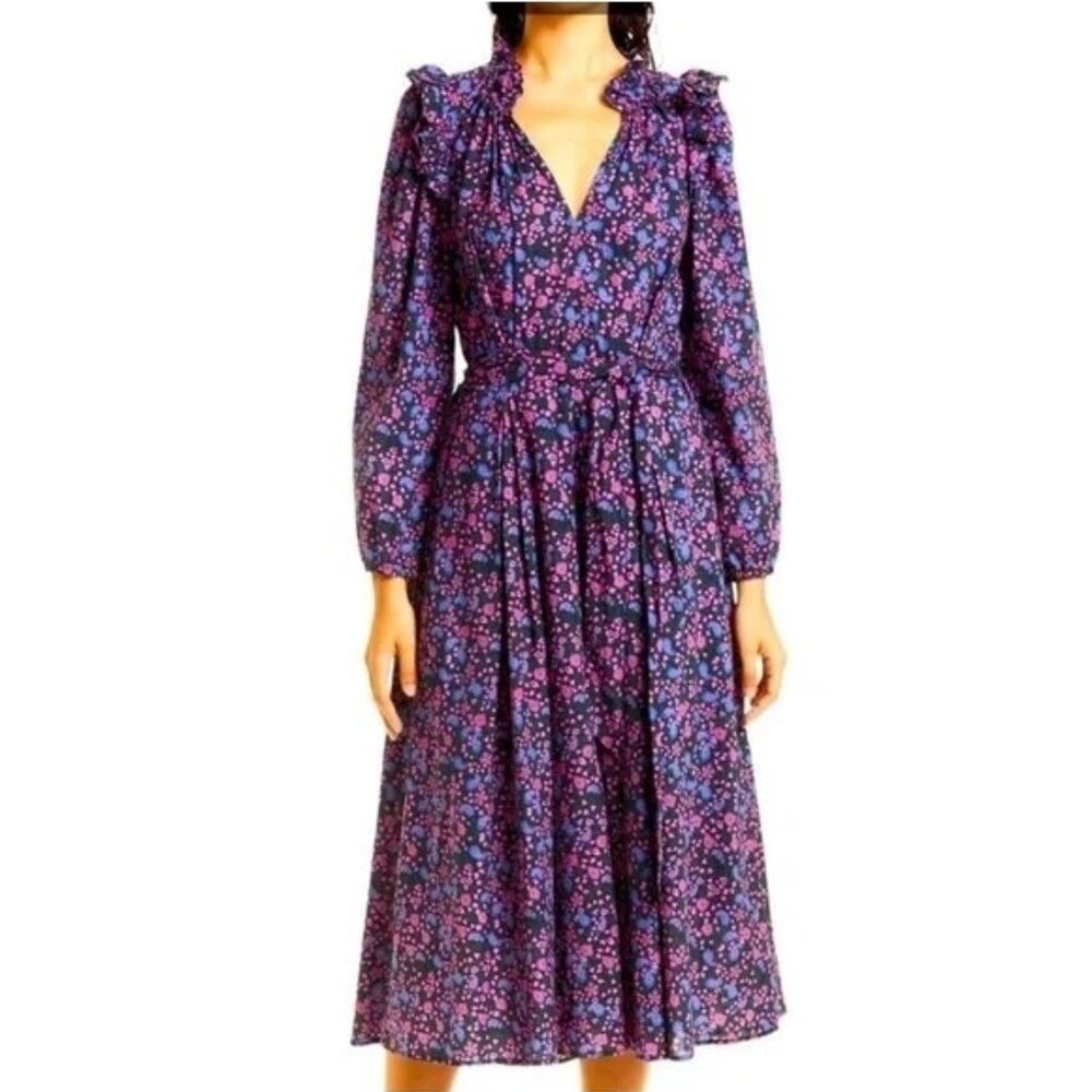 Xirena Isley Black Pink Blue Floral Paisley Ruffle Collar Belted Midi Dress XS